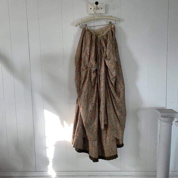 Antique 1800s Printed Asymmetric Walking Dress Skirt Bustle Draping Pleats - Picture 3 of 16